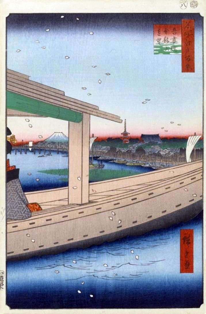 Описание картины Вид на монастырь Кинрюдзан и мост Адзумабаси   Утагава Хиросигэ