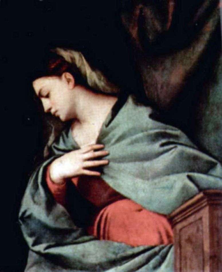Описание картины Воскресение Христово (Алтарный полиптих Аверольди), правая створка, сцена вверху. Дева Мария   Тициан Вечеллио