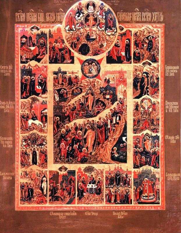 Описание картины Воскресение Христово, со сценой Единородный Сыне и с праздниками в 12 клеймах