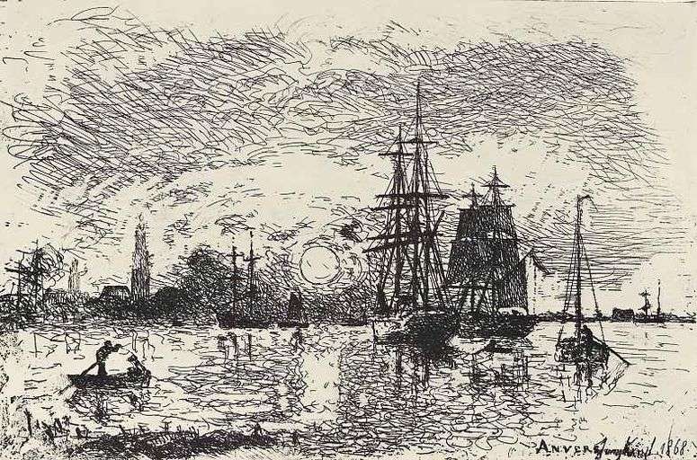 Описание картины Заход солнца в Антверпенском порту   Ионгкинд Иоханн Бартолд