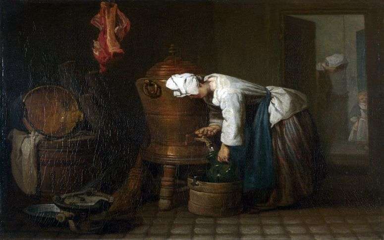 Описание картины Женщина, наливающая воду из бака   Жан Батист Симеон Шарден
