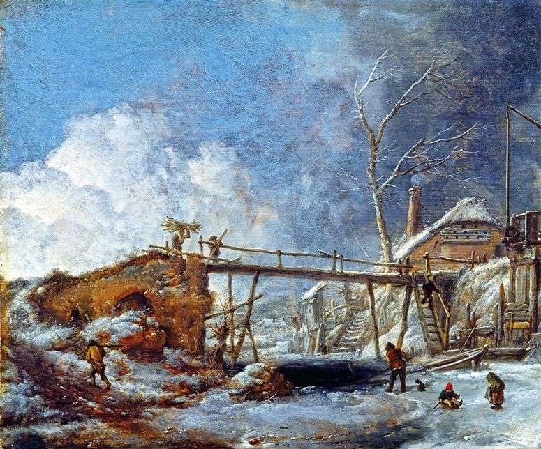 Описание картины Зимний пейзаж с деревянным мостом   Филипс Вауверман